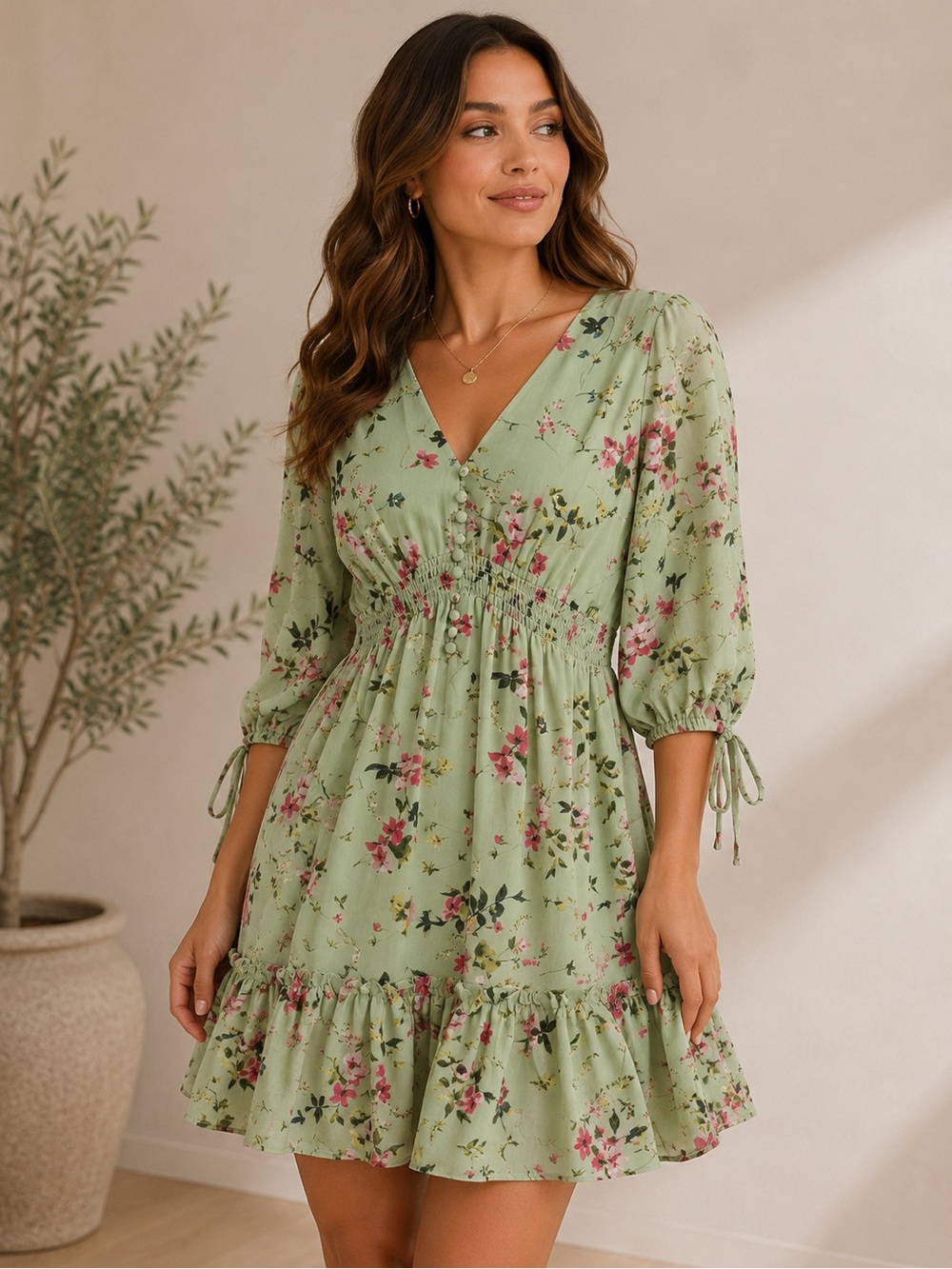 Taylor brand Floral Smocked Waist Mini Dress- sage green floral print